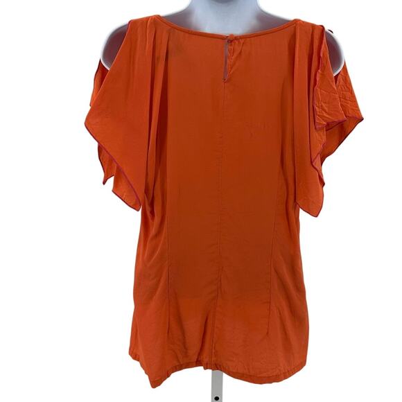 BCBG MAXAZRIA Silk Blouse WMNS XS Orange V-Neck Split Flutter Sleeve Lightweight - Picture 4 of 7
